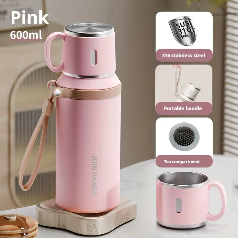 Termo con taza para agua fría o caliente de 600ml 